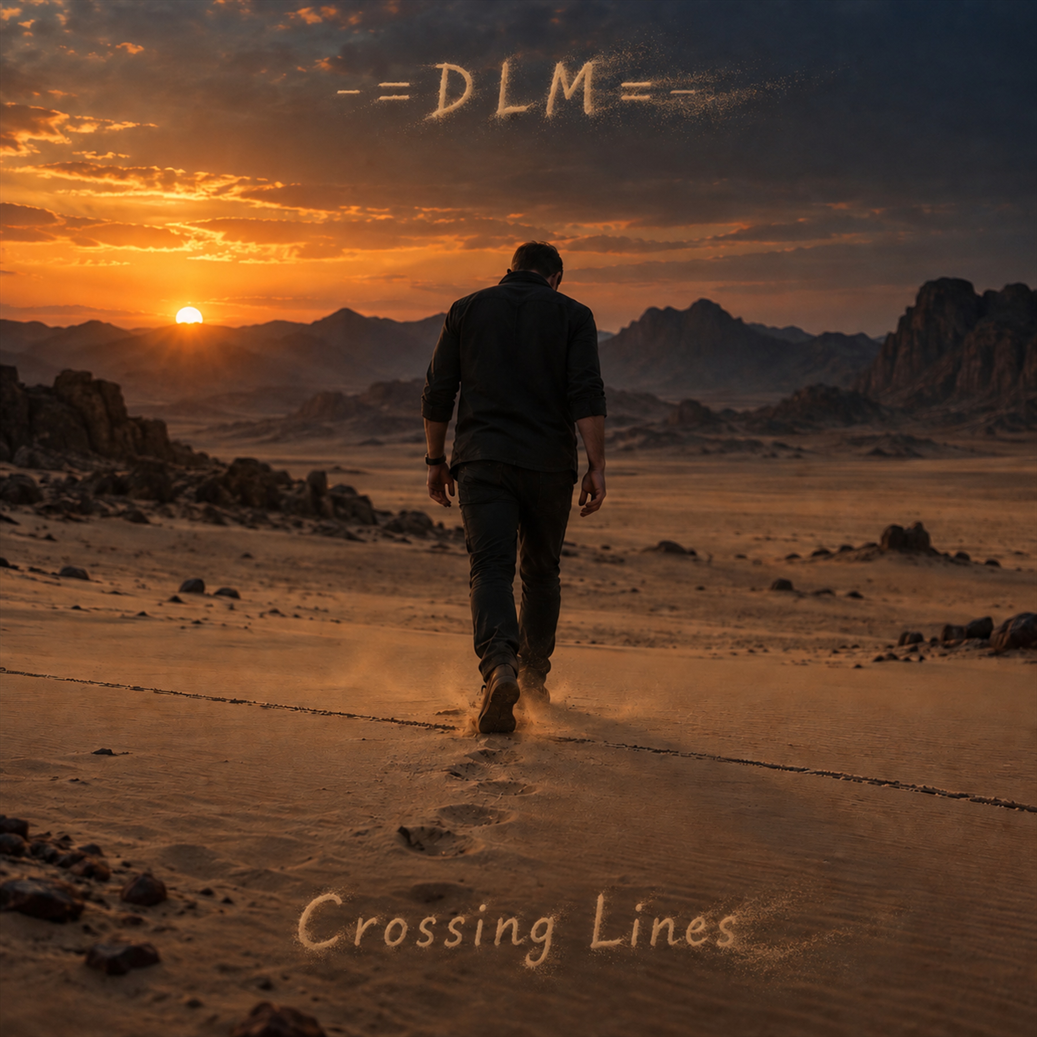 Crossing Lines cover: a person walking through a desert at sunset